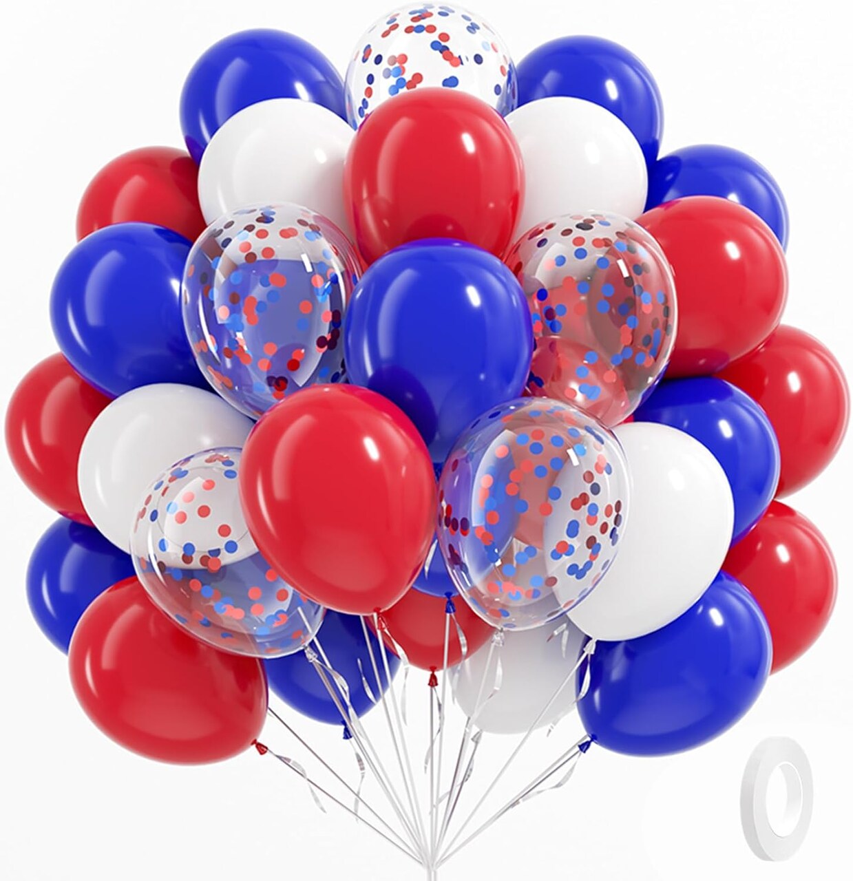 60-Piece Red, White & Blue Balloon Set – 12-Inch Latex & Confetti Balloons with Ribbons and Glue Dots for Independence Day, Patriotic & Birthday Party Decorations
